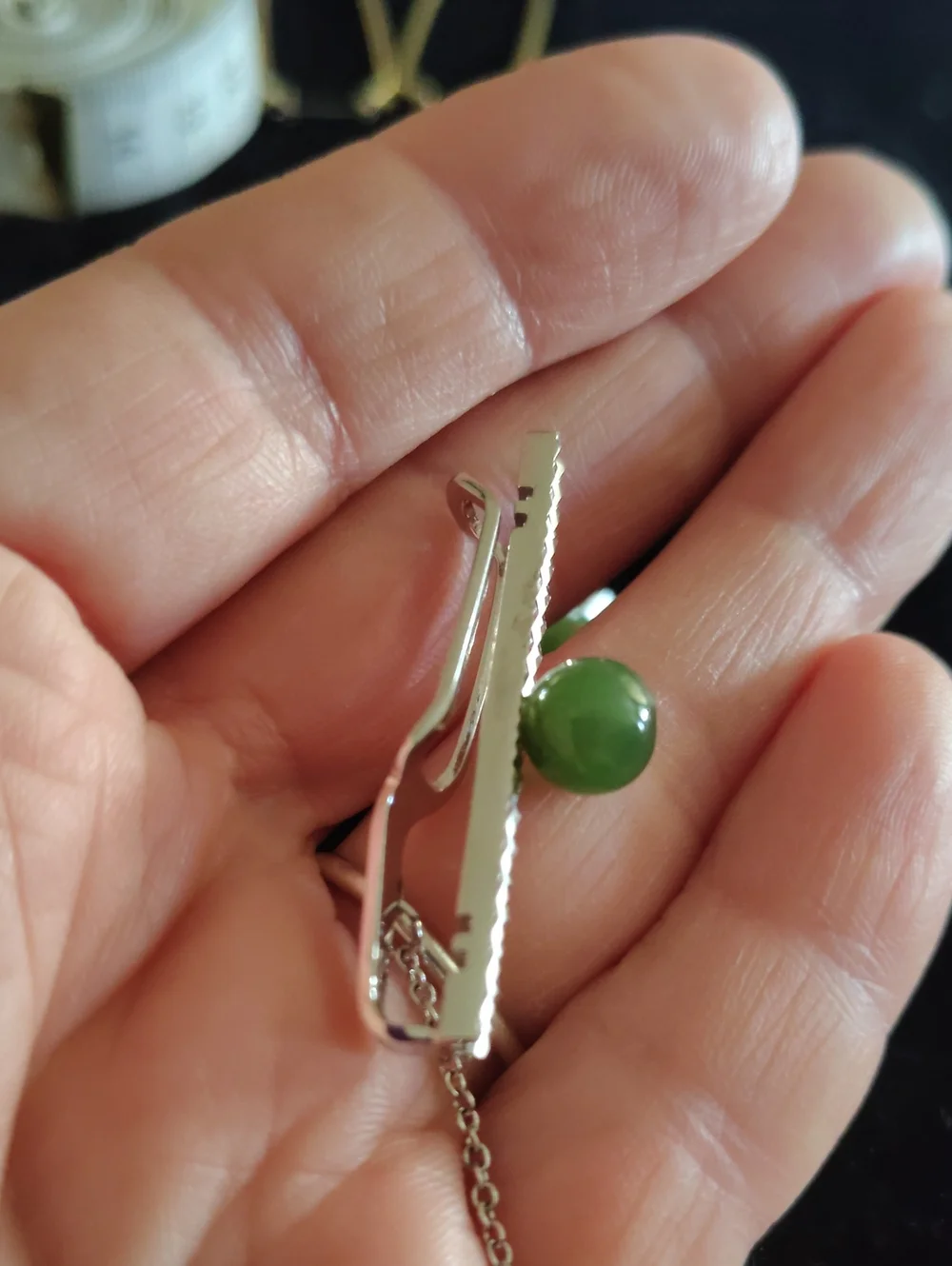 Silver Tone Tie Bar and Cufflink Set with Green Stone